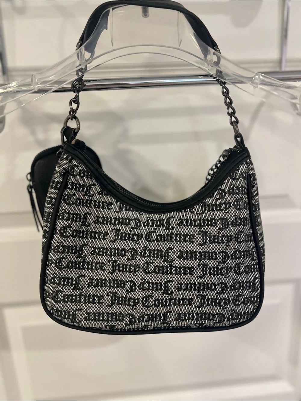 Juicy Couture Black Logo Jacquard Shoulder Bag with Detachable Pouch